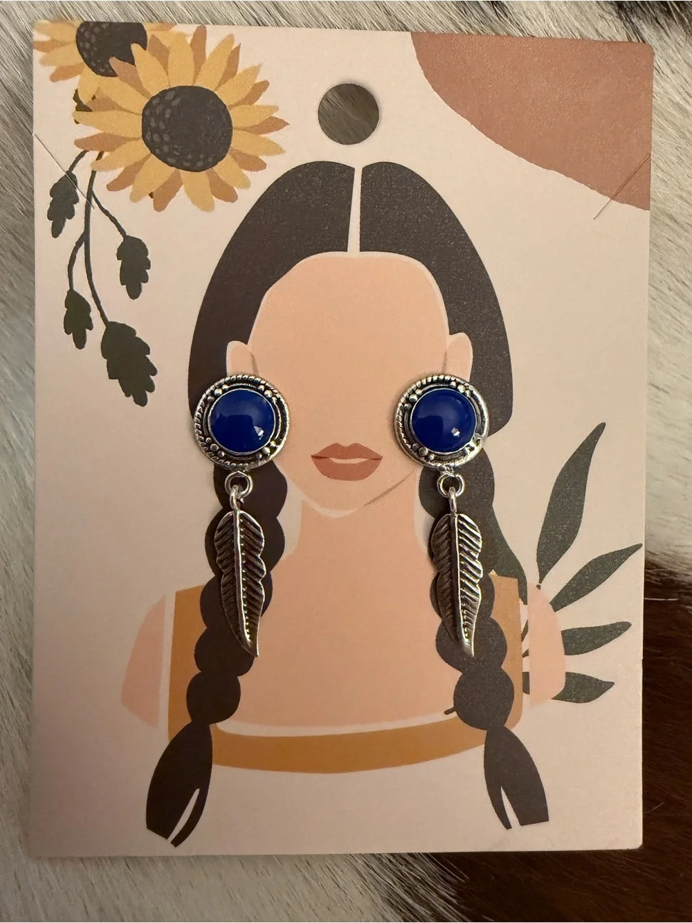❤️Blue Lapis Lazuli Navajo Style Stamped Sterling Silver Dangle Feather Earrings